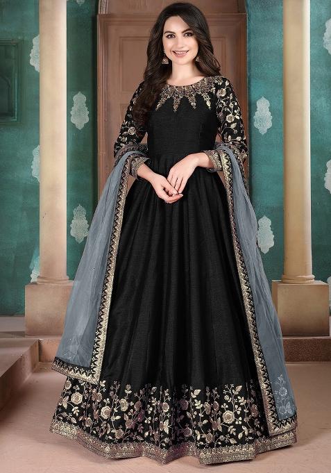 Black Embroidered Silk Anarkali Set — view on Indya