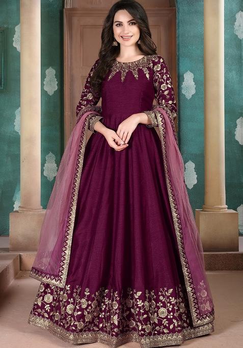 Purple Embroidered Silk Anarkali Set