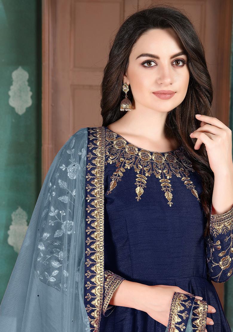 Blue Embroidered Silk Salwar Kameez - Indya
