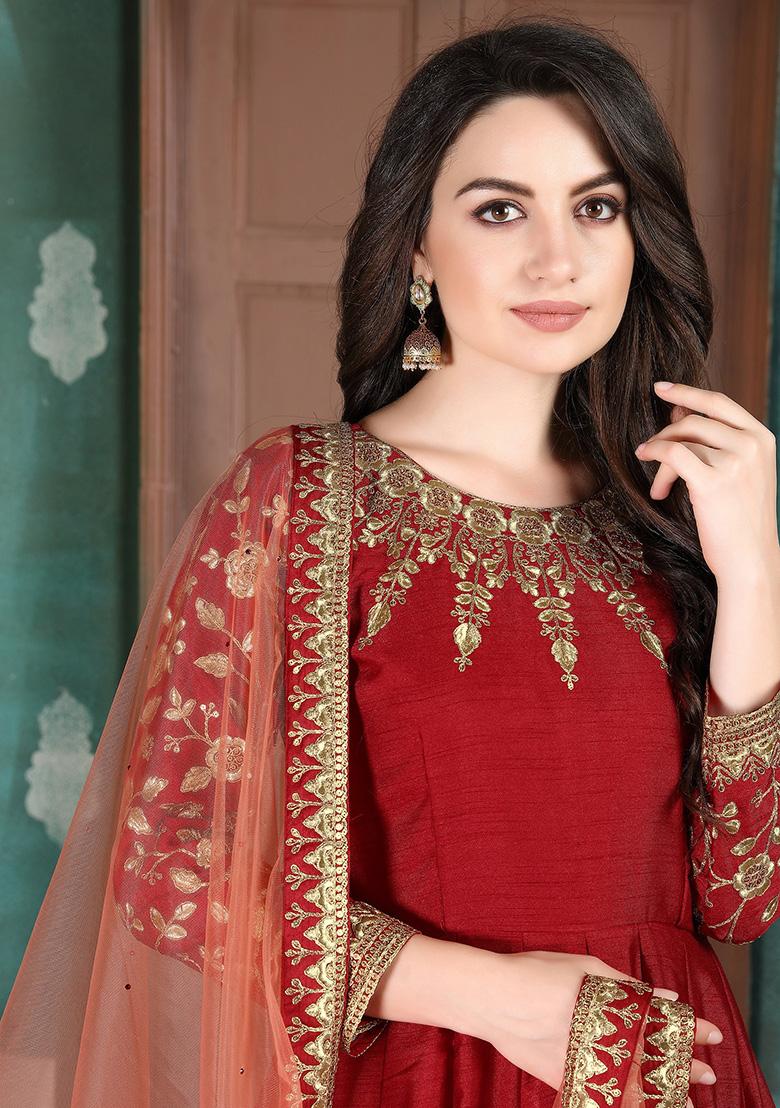 Red Embroidered Silk Salwar Kameez - Indya