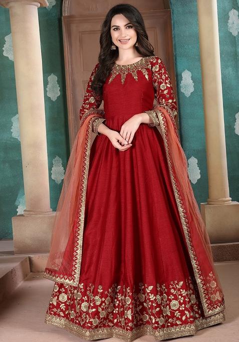 Red Embroidered Silk Anarkali Set — view on Indya