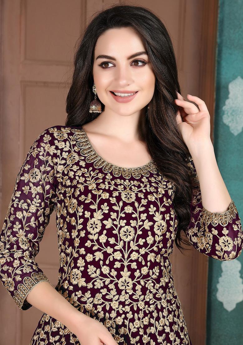 Purple Embroidered Georgette Salwar Kameez - Indya