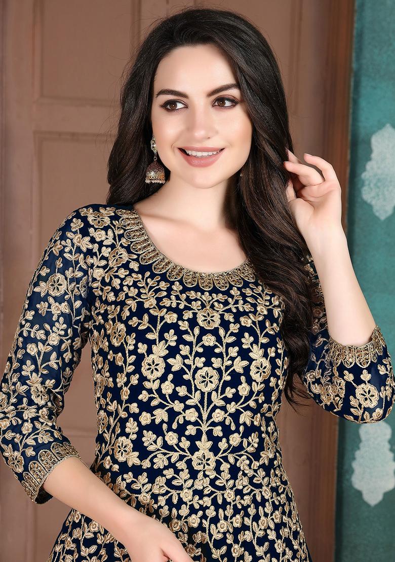 Blue Embroidered Georgette Salwar Kameez - Indya