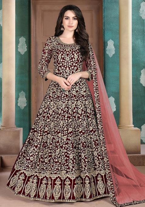Maroon Embroidered Georgette Anarkali Set — view on Indya