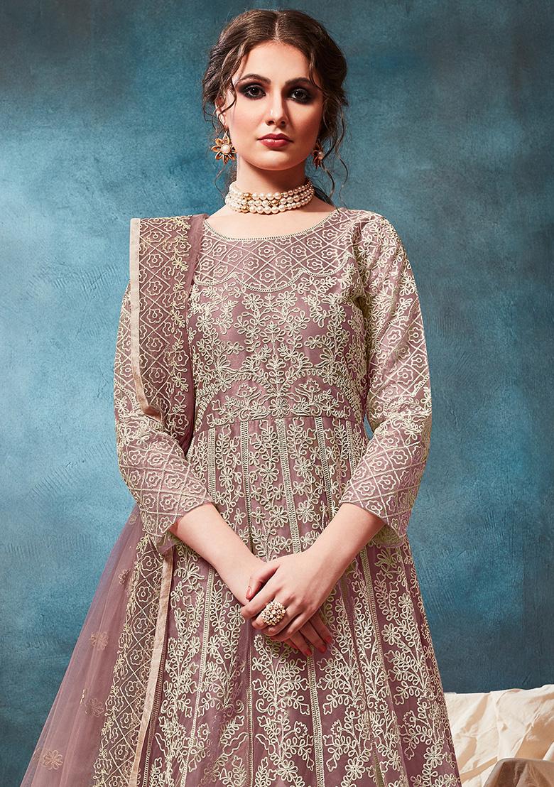 Mauve Embroidered Net Salwar Kameez - Indya