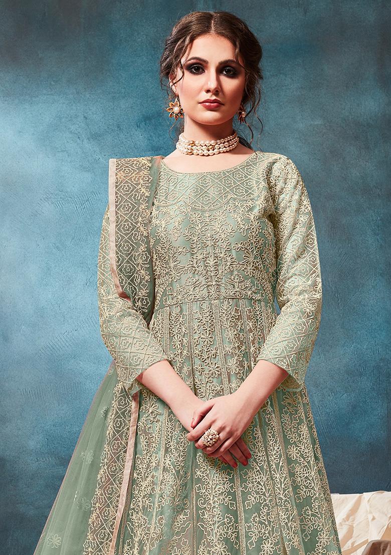 Green Embroidered Net Salwar Kameez - Indya