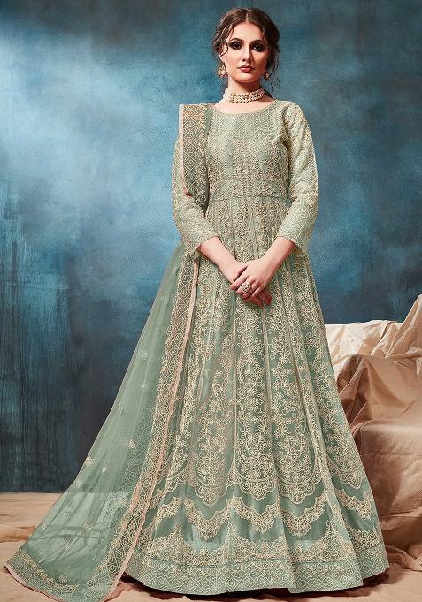 Green Embroidered Net Anarkali Set — view on Indya