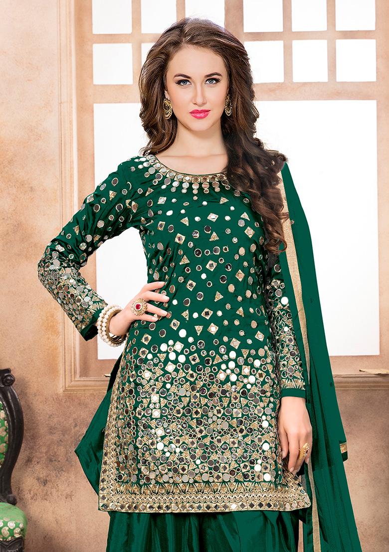 Green Embroidered Tafeta Silk Salwar Kameez - Indya