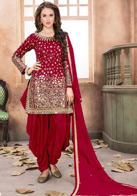 Red Embroidered Tafeta Silk Salwar Kameez