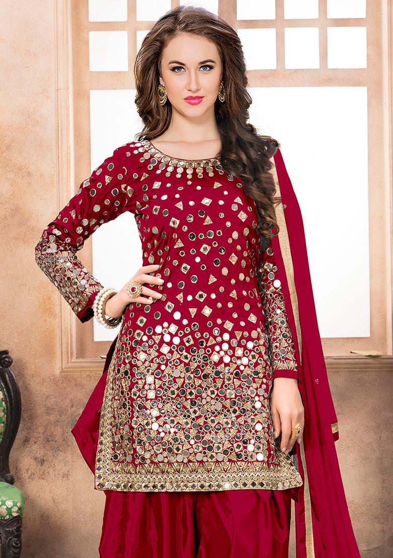 Red Embroidered Tafeta Silk Salwar Kameez - Indya