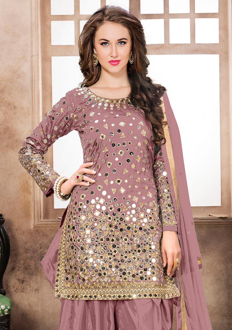 Rose Gold Embroidered Tafeta Silk Salwar Kameez - Indya