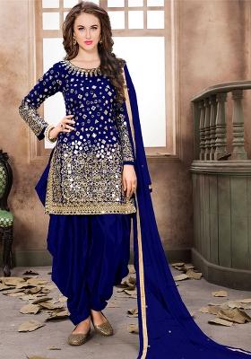 Blue Embroidered Tafeta Silk Salwar Kameez