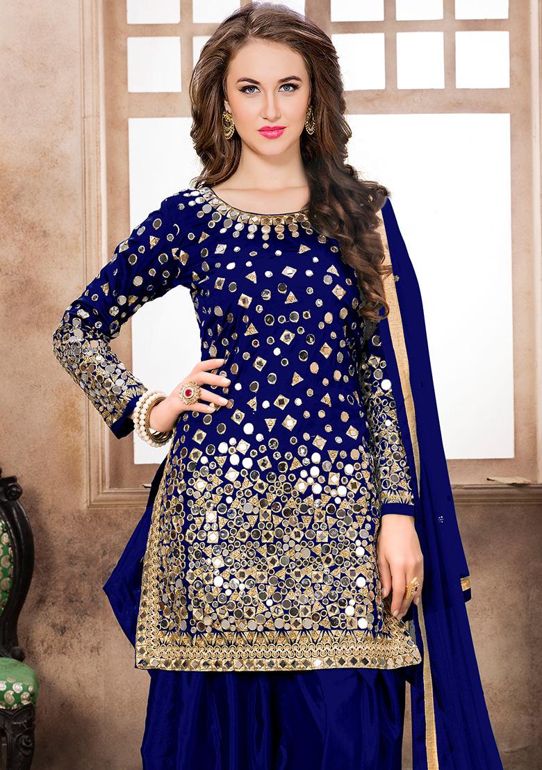 Blue Embroidered Tafeta Silk Salwar Kameez - Indya