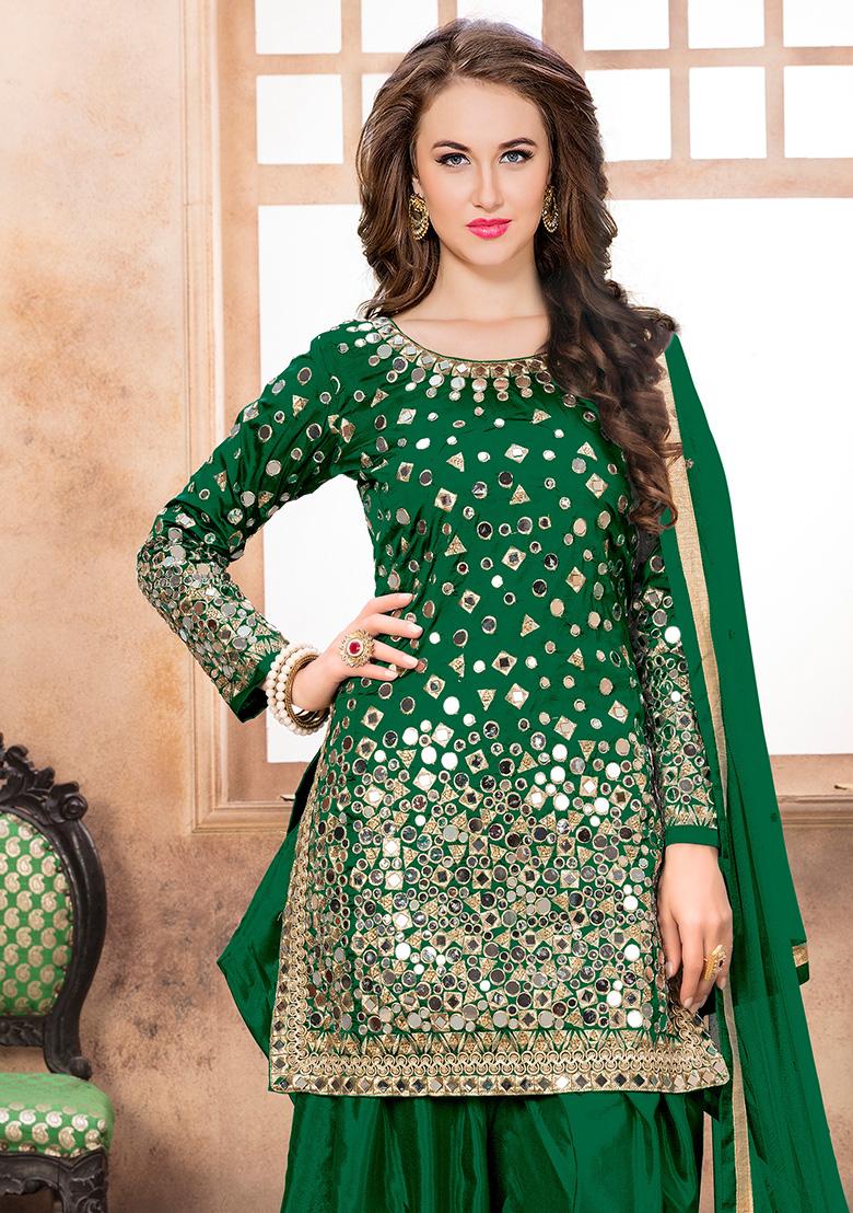 Green Embroidered Tafeta Silk Salwar Kameez - Indya