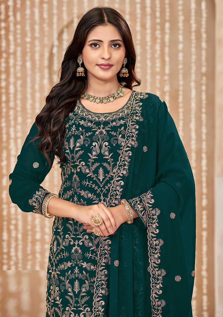 Green Embroidered Georgette Salwar Kameez - Indya