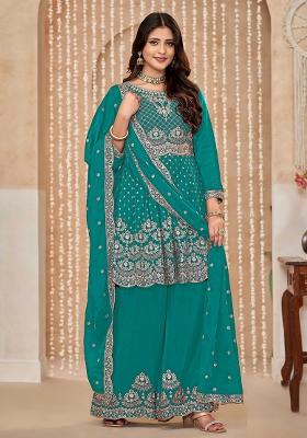 Blue Embroidered Chinon Salwar Kameez
