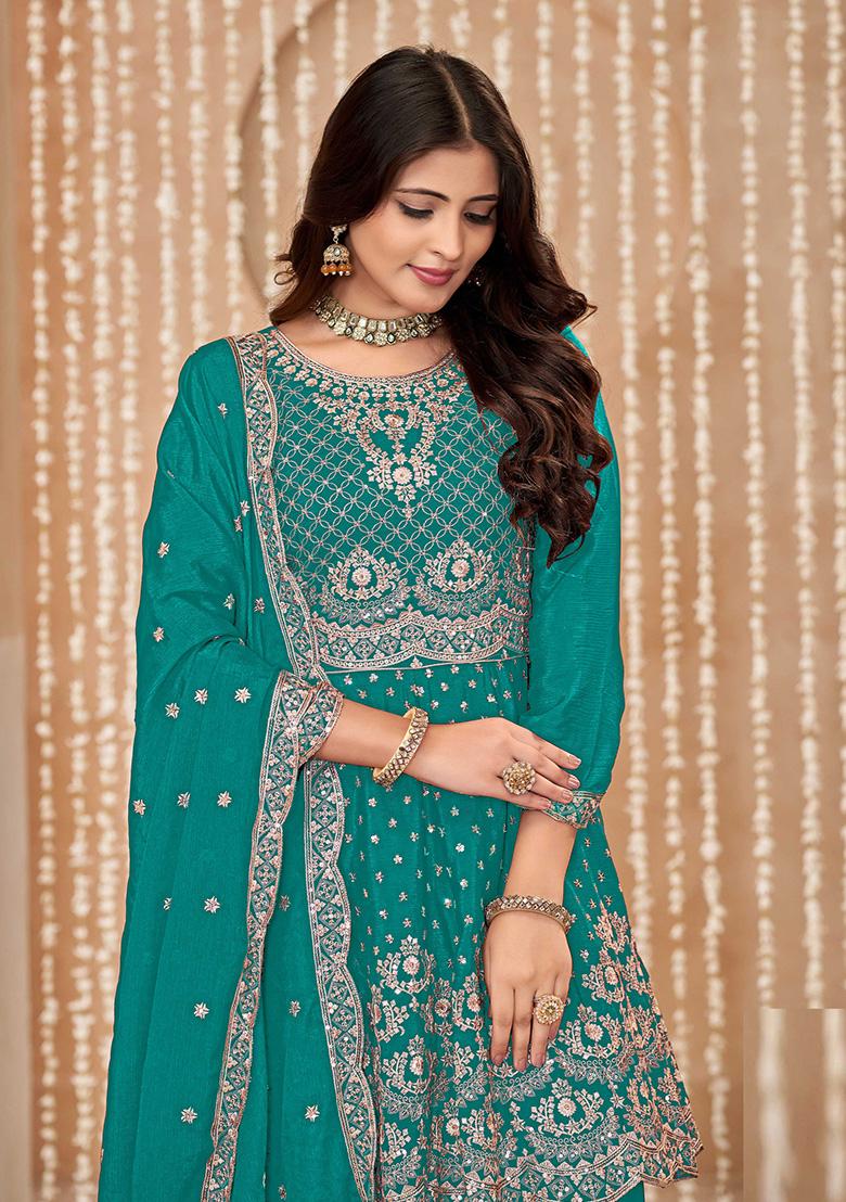 Blue Embroidered Chinon Salwar Kameez - Indya