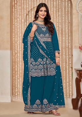 Teal Blue Embroidered Chinon Salwar Kameez