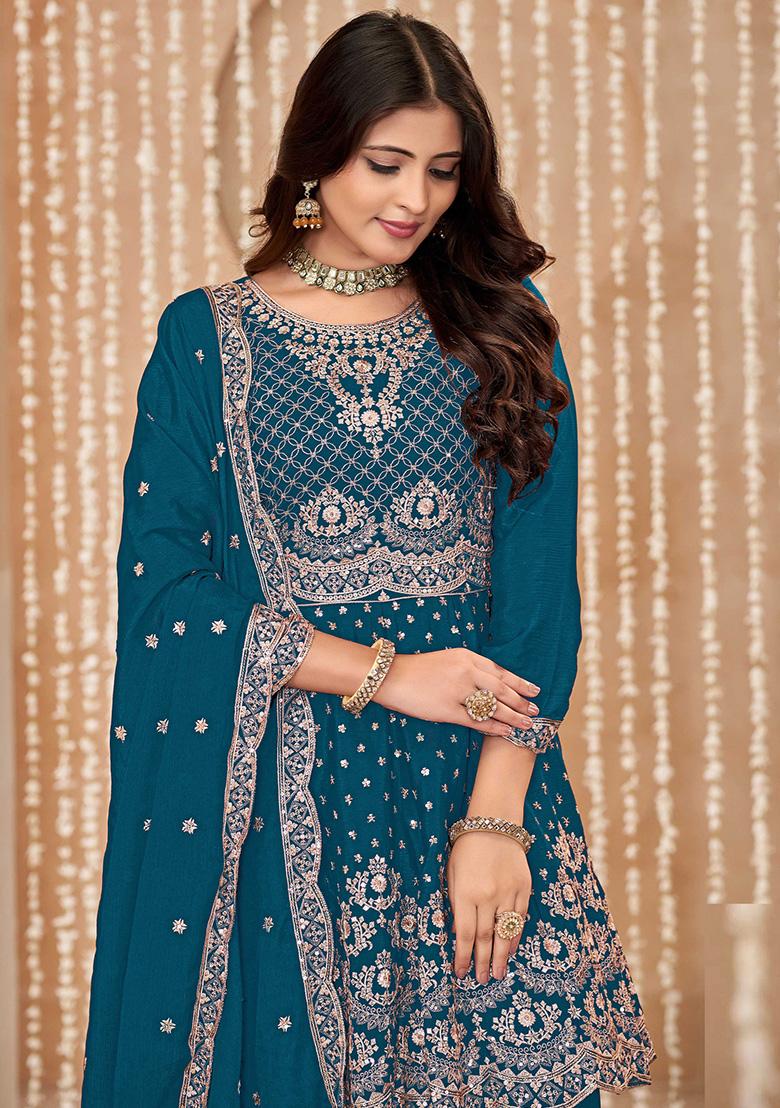 Teal Blue Embroidered Chinon Salwar Kameez - Indya