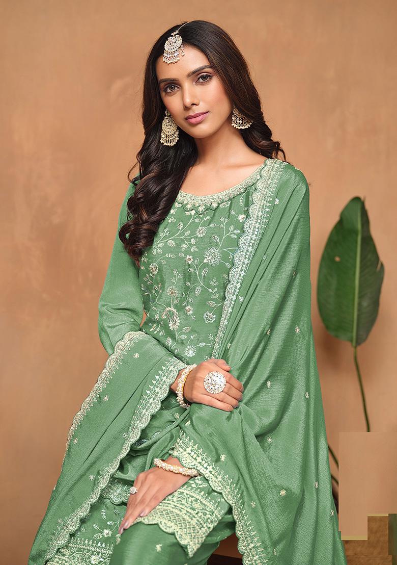 Pista Green Embroidered Chinon Salwar Kameez - Indya
