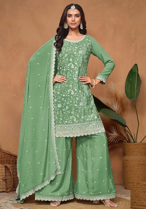 Pista Green Embroidered Chinon Salwar Kameez