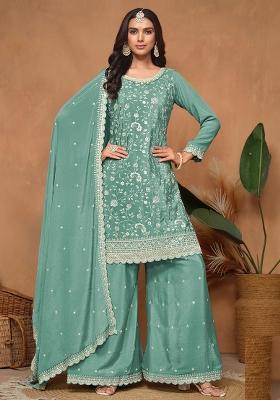 Turquoise Embroidered Chinon Salwar Kameez