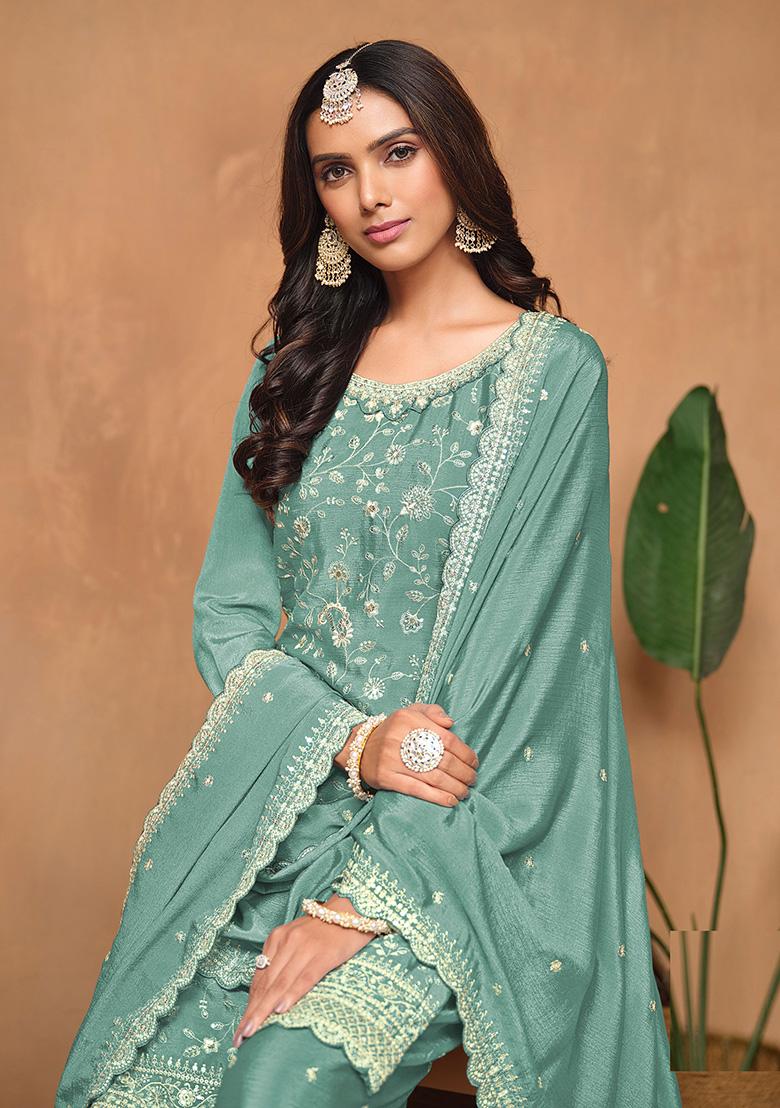 Turquoise Embroidered Chinon Salwar Kameez - Indya