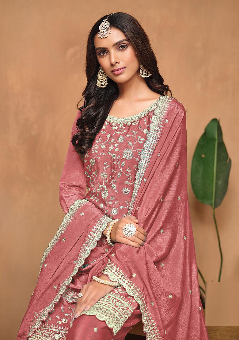 Rose Gold Embroidered Chinon Salwar Kameez - Indya