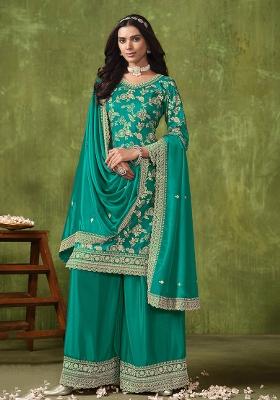 Turquoise Embroidered Jacquard Silk Salwar Kameez