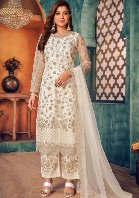 Off White Embroidered Net Salwar Kameez