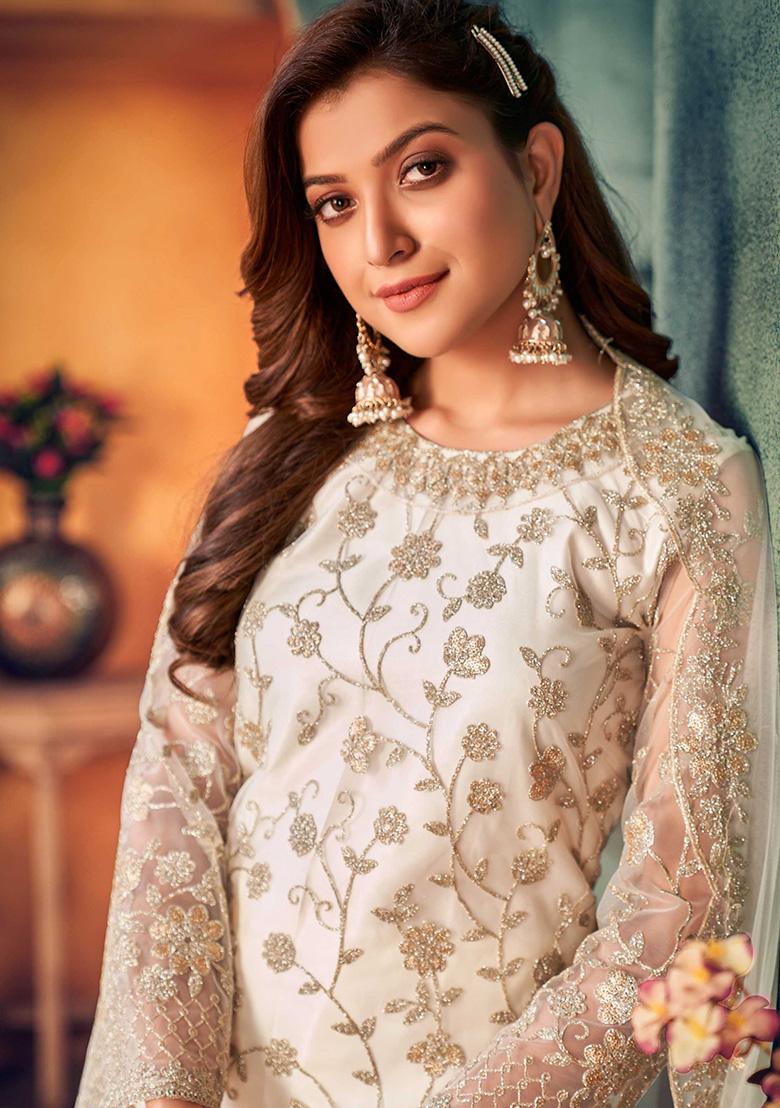 Off White Embroidered Net Salwar Kameez - Indya