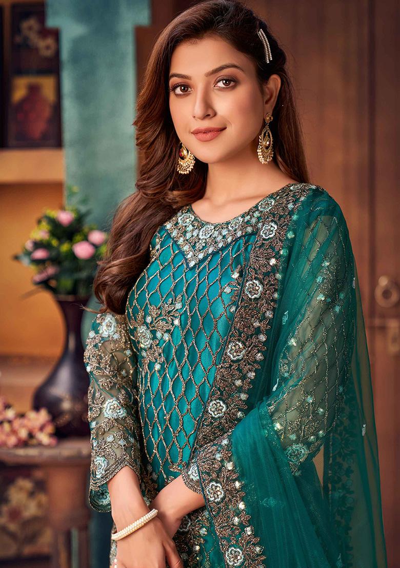 Green Embroidered Net Salwar Kameez - Indya