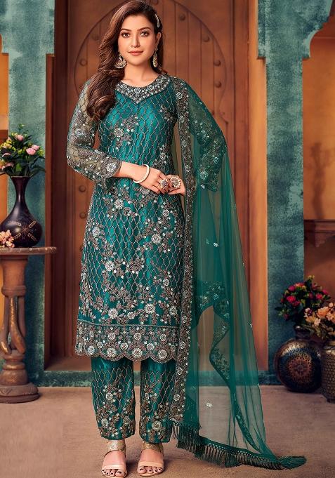 Green Embroidered Net Punjabi Suit — view on Indya