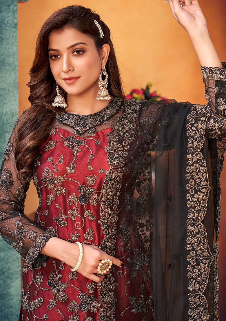 Black Embroidered Net Salwar Kameez - Indya