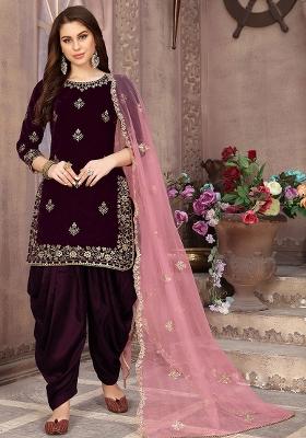 Wine Embroidered Velvet Salwar Kameez