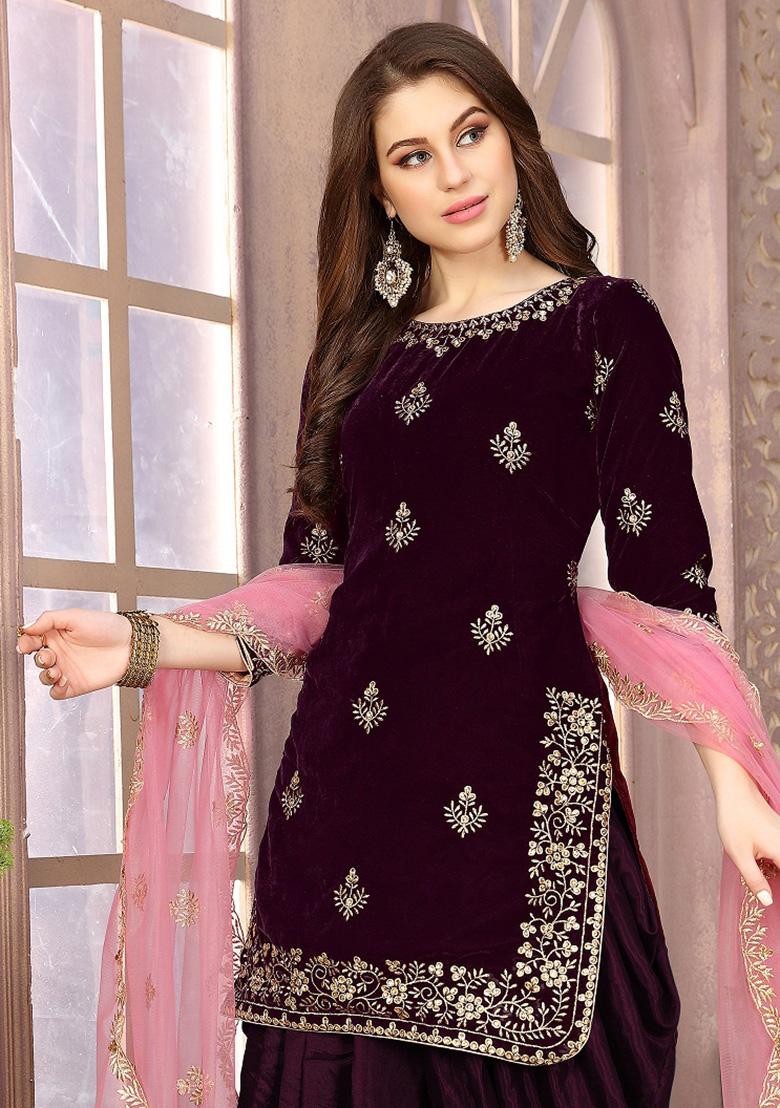 Wine Embroidered Velvet Salwar Kameez - Indya