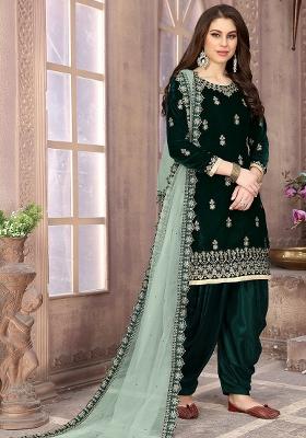 Dark Green Embroidered Velvet Salwar Kameez