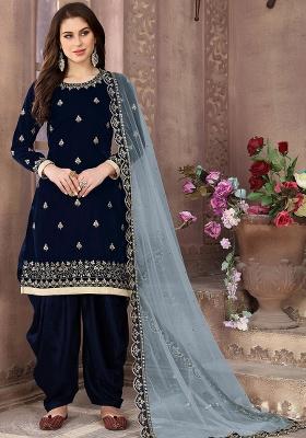 Blue Embroidered Velvet Salwar Kameez