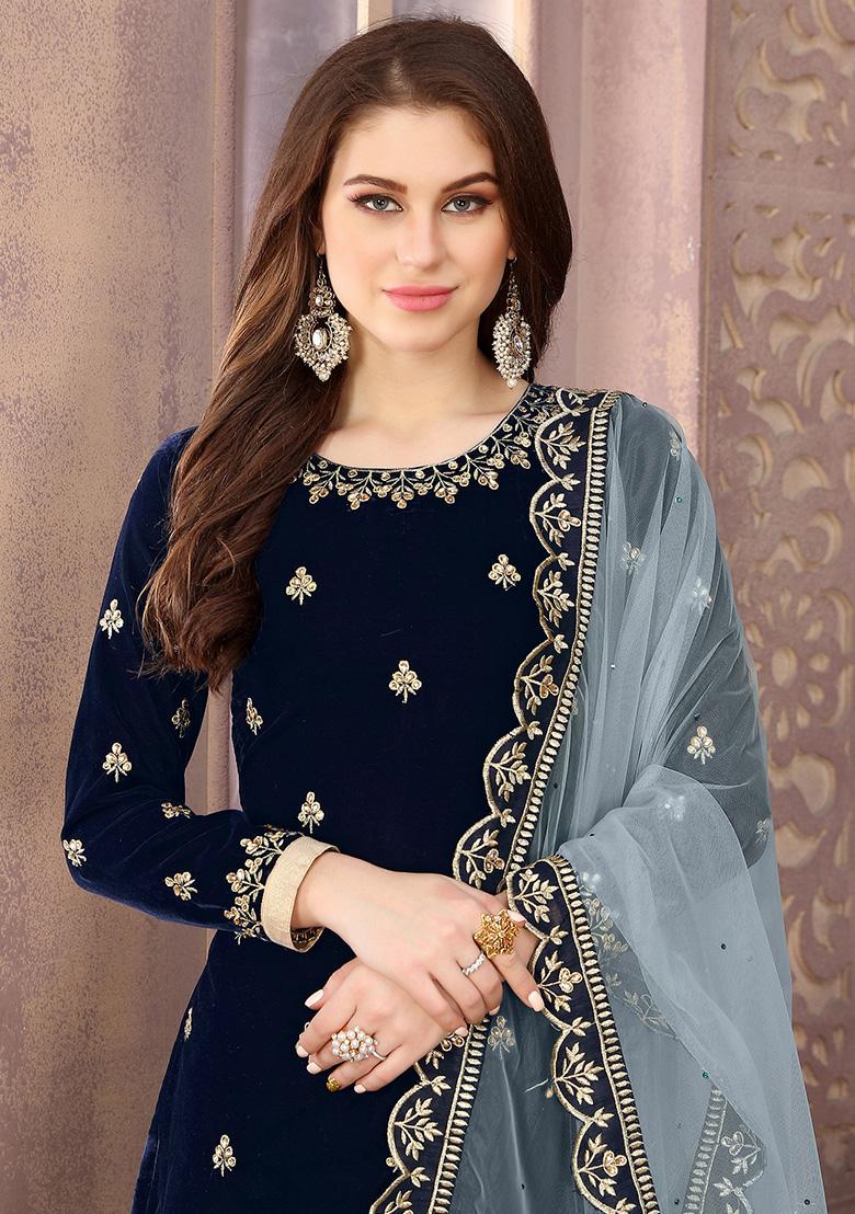 Blue Embroidered Velvet Salwar Kameez - Indya
