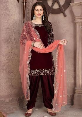 Maroon Embroidered Velvet Salwar Kameez