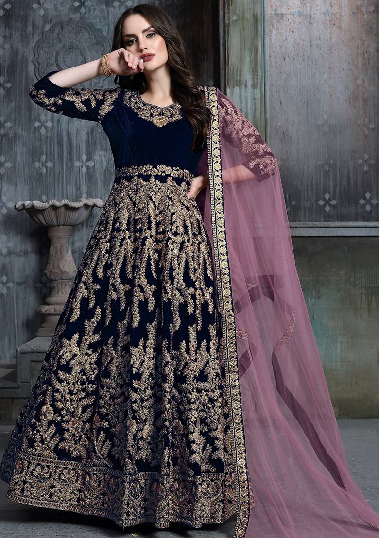 Blue Embroidered Velvet Anarkali Set - Indya