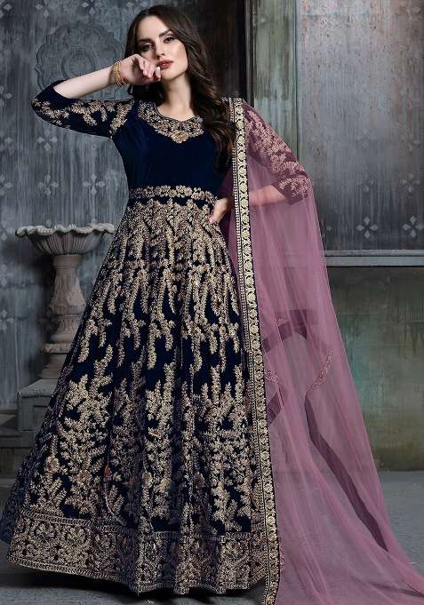 Blue Embroidered Velvet Anarkali Set