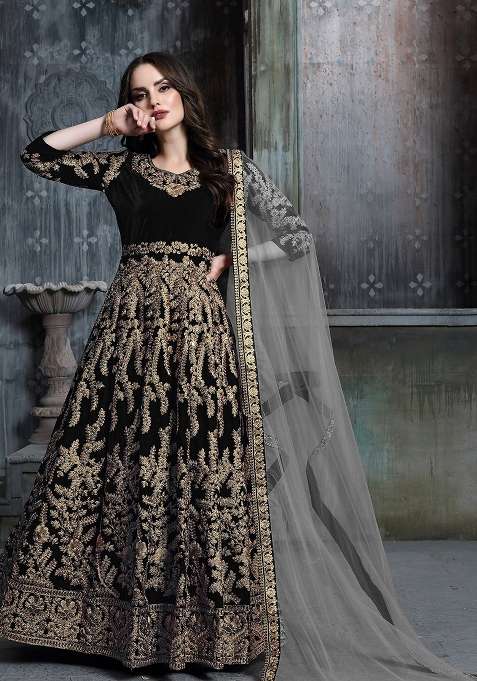 Black Embroidered Velvet Anarkali Set