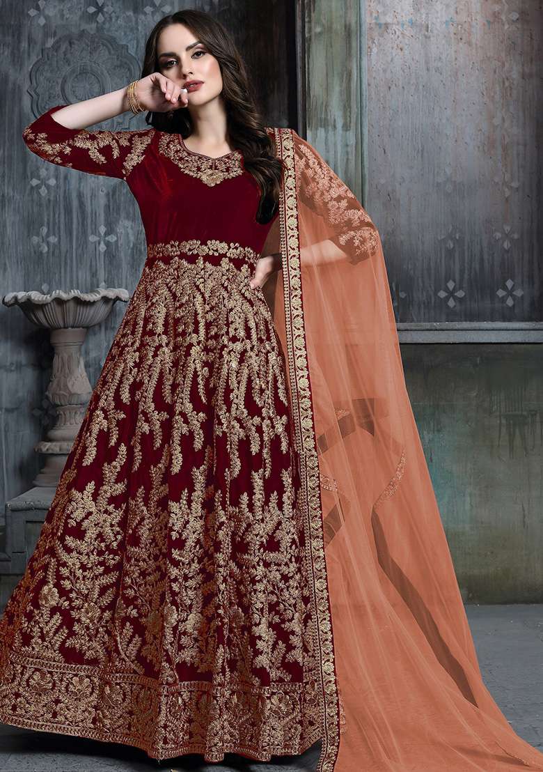 Maroon Embroidered Velvet Anarkali Set - Indya