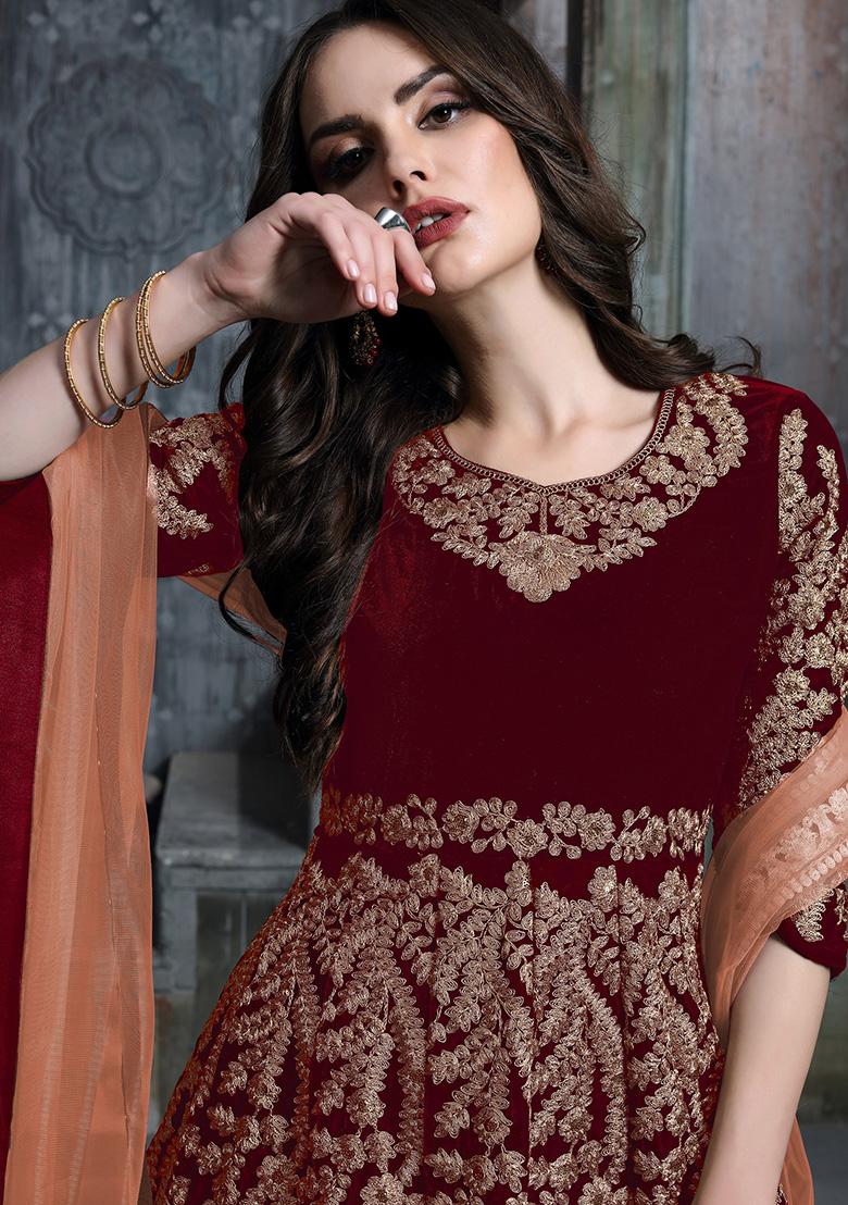Maroon Embroidered Velvet Salwar Kameez - Indya