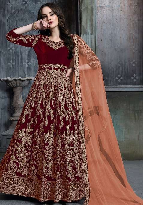 Maroon Embroidered Velvet Anarkali Set