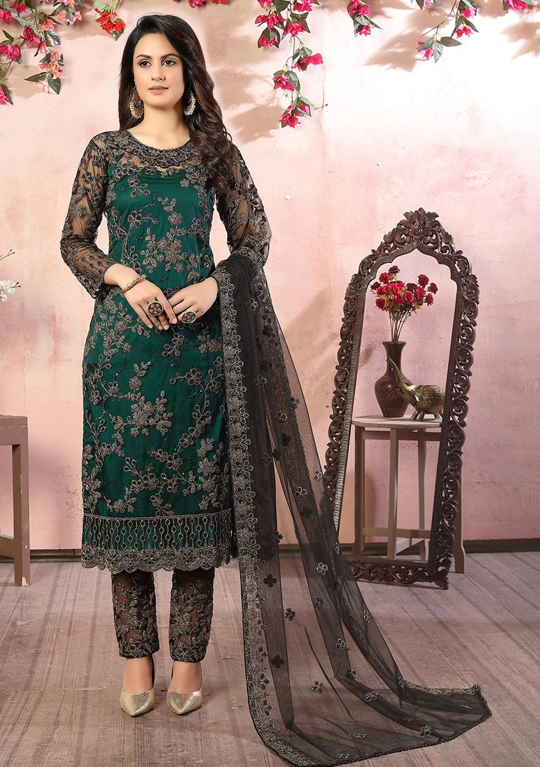 Green Embroidered Net Salwar Kameez - Indya