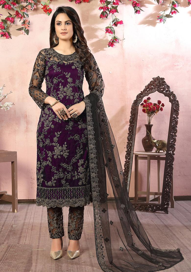 Purple Embroidered Net Salwar Kameez - Indya