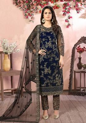 Blue Embroidered Net Salwar Kameez