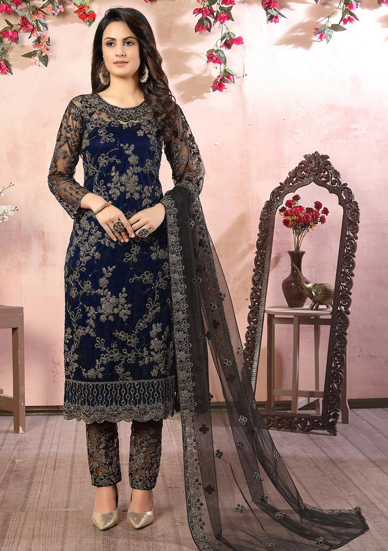 Blue Embroidered Net Salwar Kameez - Indya